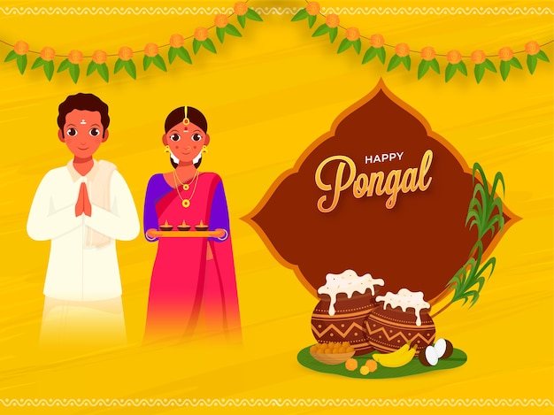 Happy Pongal Concept With South Indian Couple Greets, Traditional Dish In Mud Pots