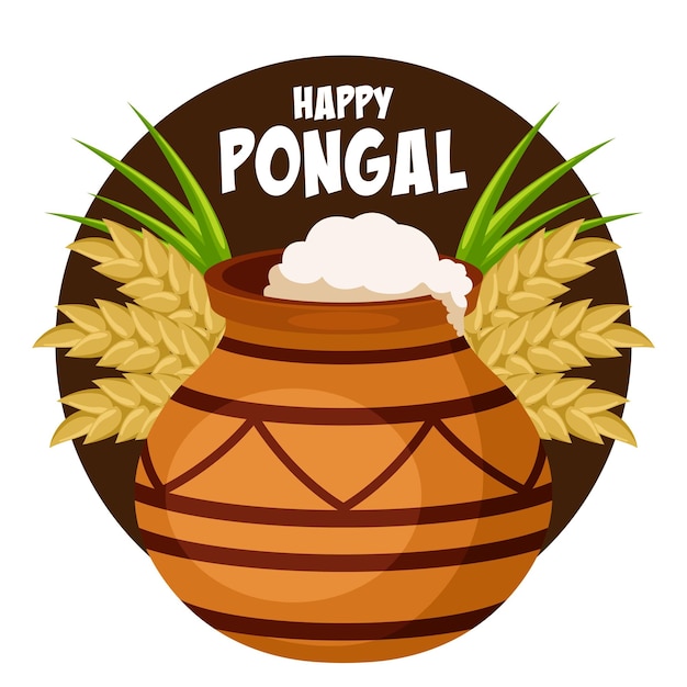 Happy Pongal harvest festival celebration card in India clay pot with food wheat and sugar cane leaves