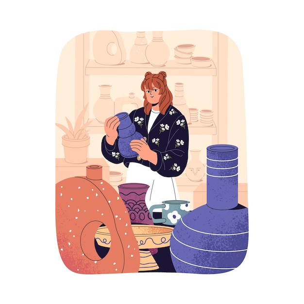 Vector happy potter holds clay vase ceramist with crock in hand stand between ceramic pots handmade crockery earthenware in pottery workshop flat isolated vector illustration on white background