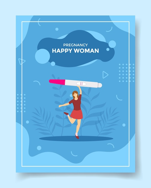 Happy pregnancy pregnant woman jump holding test pack for template of banners flyer books and magazine cover