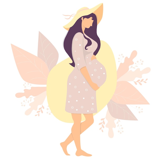 Happy pregnant girl in sun hat hugs her belly  Vector Female health and pregnancy concept