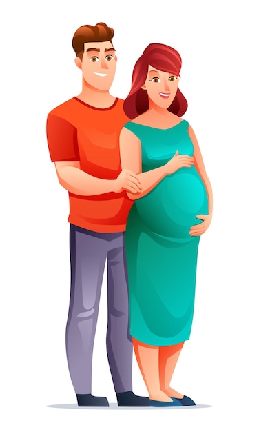 Happy pregnant woman hugging her belly with husband expecting for baby concept cartoon illustration