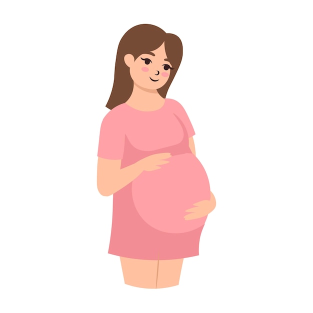 Happy pregnant woman is standing and hugging her belly.