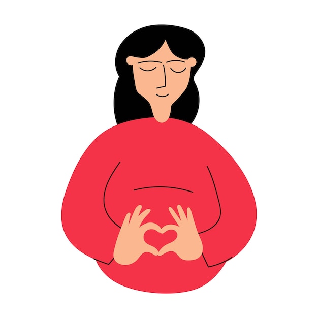 Happy pregnant woman showing heart gesture on her belly Illustration on white background