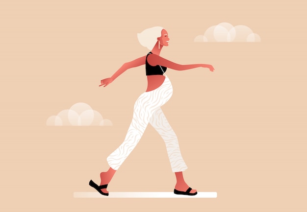 Happy pregnant woman walking. Active well fitted pregnant female character. Happy pregnancy. Yoga and sport for pregnant. Flat cartoon illustration