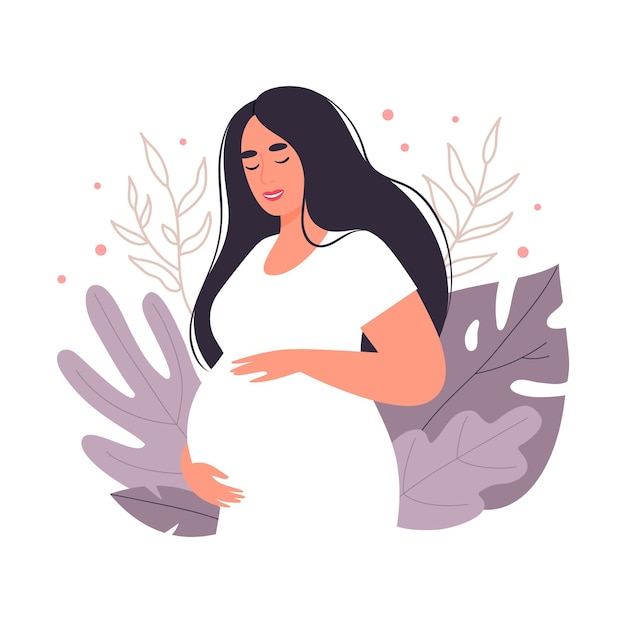 Happy pregnant woman with tummy on a background of leaves. Future mom of hugging belly with arms.