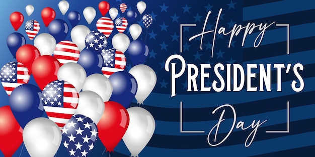 Happy President's Day poster with flying in the sky balloons, flag background. Vector illustration.