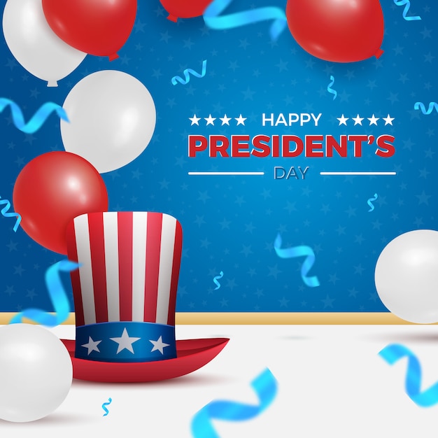 Happy President's Day with Uncle Sam hat and air balloons for Americans holiday celebration. Suitable for President's Day and Independence Day in USA.