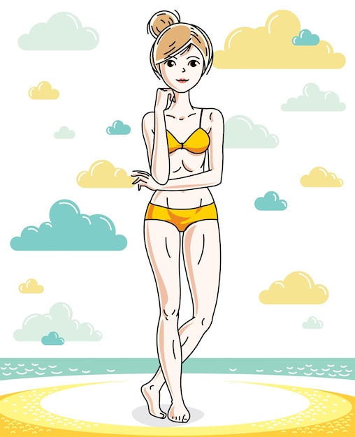 Happy pretty young blonde woman standing on tropical beach and wearing swimming suit. Vector character. Summer holidays theme.