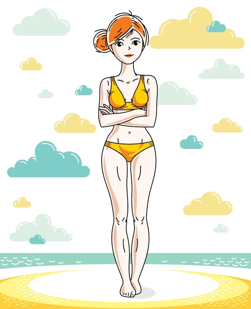 Happy pretty young red-haired woman standing on tropical beach and wearing swimming suit. Vector character. Summer holidays theme.