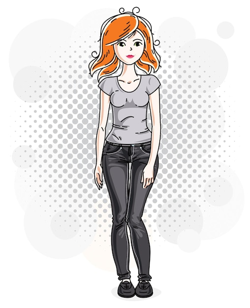 Happy pretty young redhead woman standing on modern background with bubbles and wearing casual clothes. Vector character.