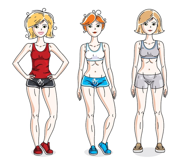 Happy pretty young women standing in stylish sportswear. Vector diversity people illustrations set.