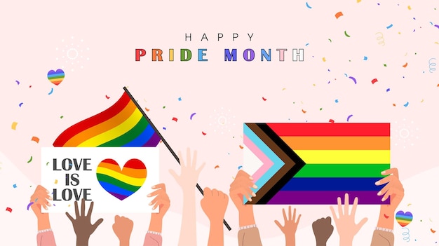 Happy Pride Month Parade celebration with Handholding flag and LGBTQ poster Vector illustration