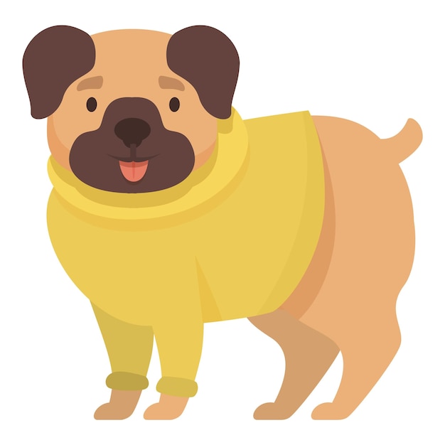 Vector happy pug dog wearing yellow sweater standing on white background