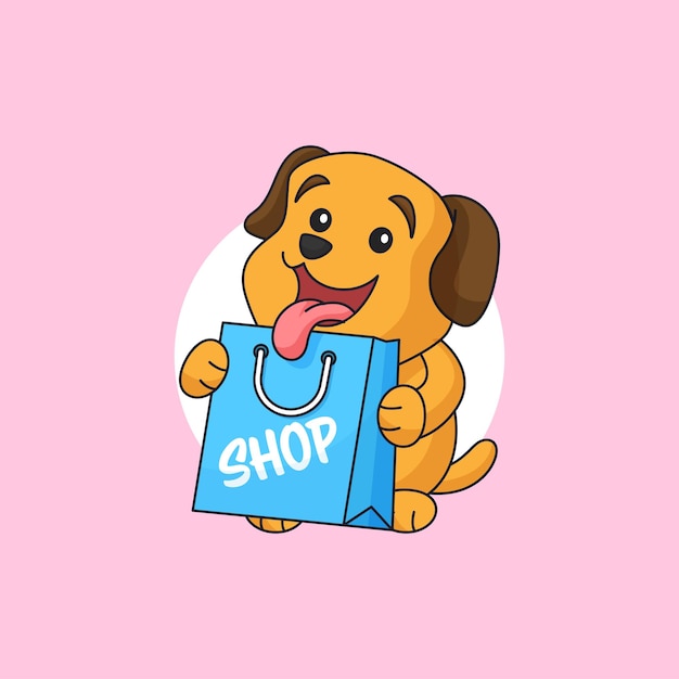 Happy puppy dog holding shopping bag pet animal store character mascot logo vector illustration