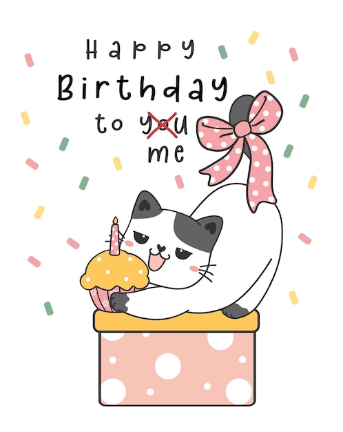 Happy purfect birthday greeting card cute funny playful kitty cat on present box with bow