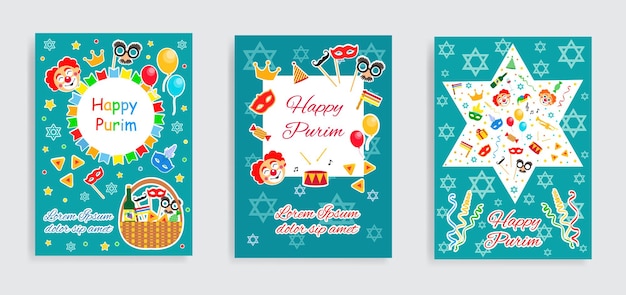 Happy Purim carnival set poster, invitation, flyer. Collection of templates for your design. Festival Purim jewish holiday background. Vector illustration.