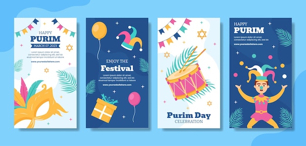 Happy Purim Day Social Media Stories Flat Cartoon Hand Drawn Templates Illustration