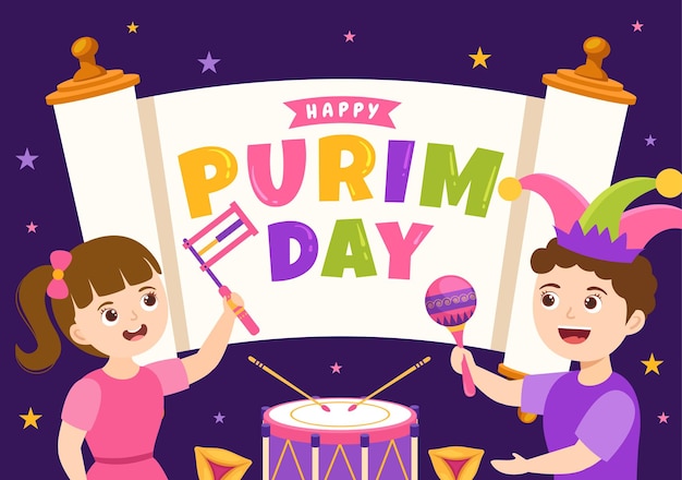 Happy Purim Illustration with Carnival Masks, Jewish Holiday and Funfair in Hand Drawn Templates