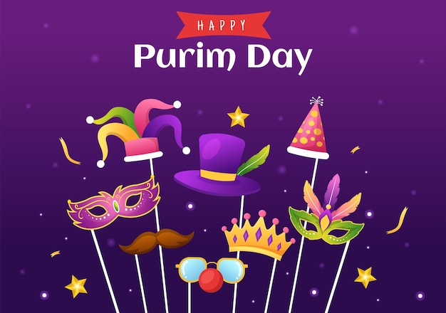 Happy Purim Illustration with Carnival Masks, Jewish Holiday and Funfair in Hand Drawn Templates