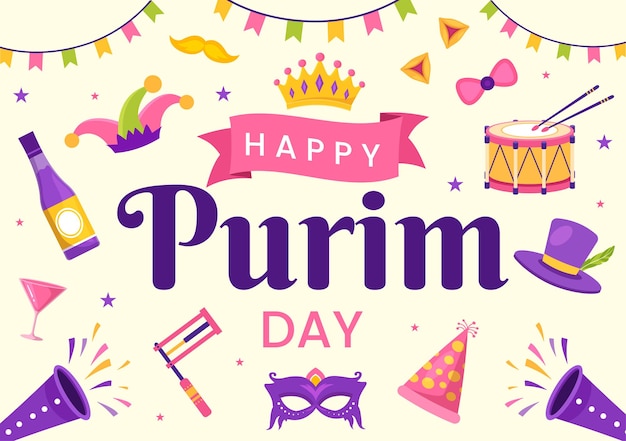 Happy Purim Illustration with Carnival Masks, Jewish Holiday and Funfair in Hand Drawn Templates