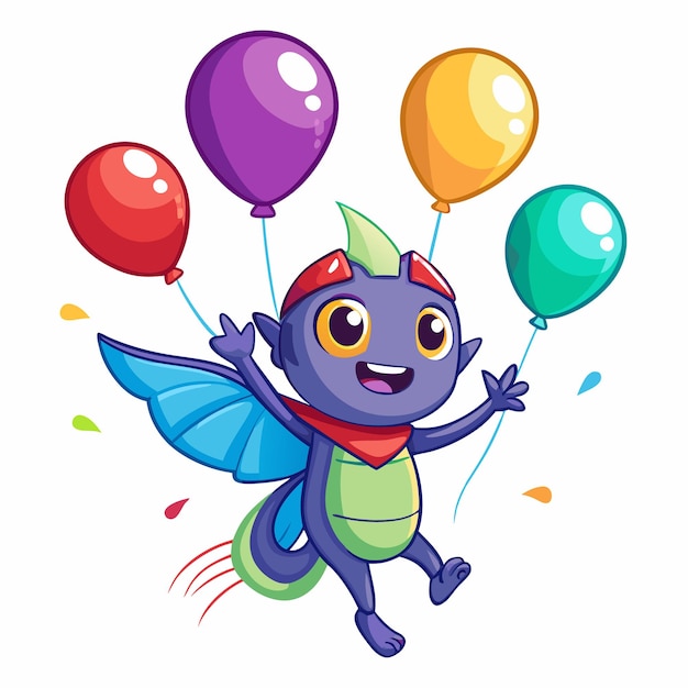 Happy purple monster with blue wings and colorful balloons