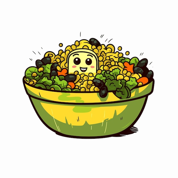 Vector happy quinoa salad character in bowl cartoon illustration