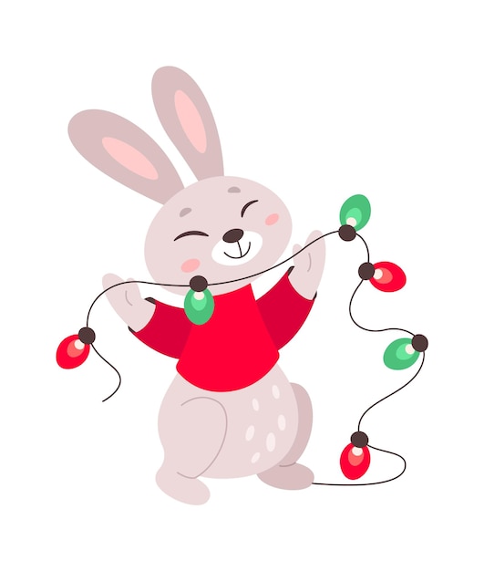 Happy rabbit with christmas lights flat icon Childish animal