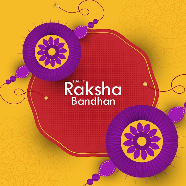 Happy Raksha Bandhan ceremony poster template design with decorative Rakhi