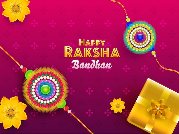 Happy Raksha Bandhan Font with Top View of Glossy Gift Box and Flower Rakhis on Pink Background.