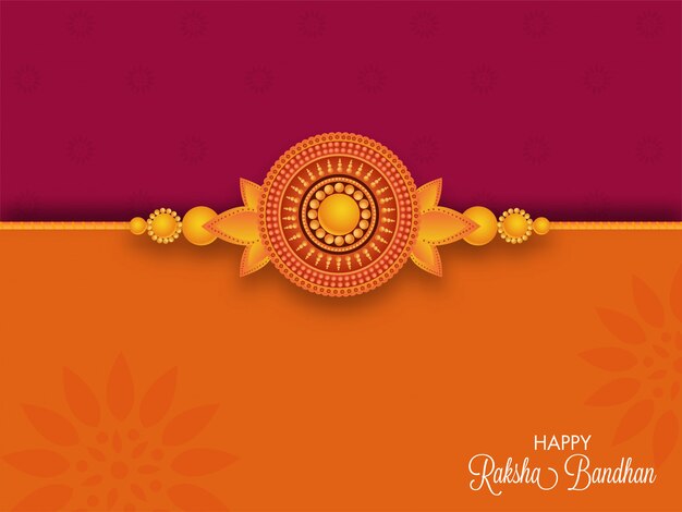 Happy Raksha Bandhan Greeting Card with Beautiful Pearl Rakhi on Dark Pink and Orange Background.