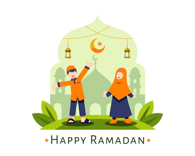 Happy Ramadan Background With Cute Moslem Boy And Girl Character Standing In Front Of Mosque Silhouette