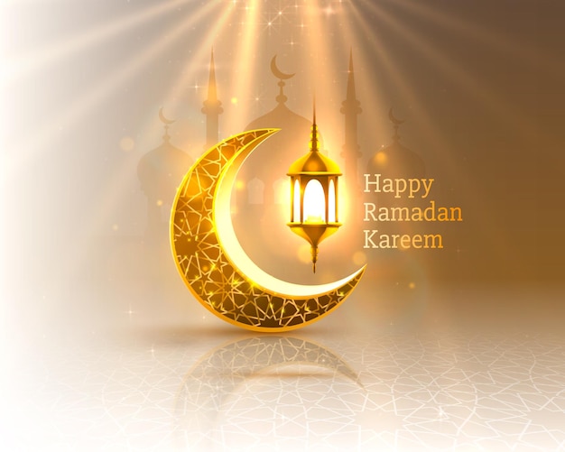 happy ramadan kareem greeting card with crescent moon and lamps