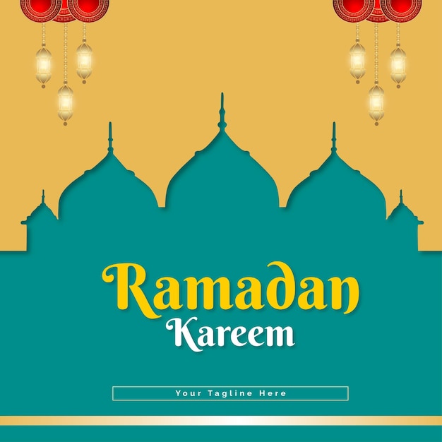 Happy Ramadan kareem skyblue colour background post design with lamps