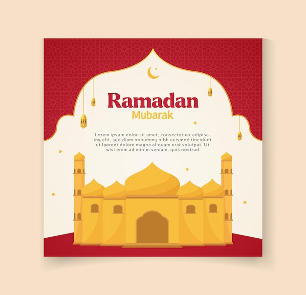 Happy Ramadan Mubarak social media post template with musjid cloud moon lamp vector