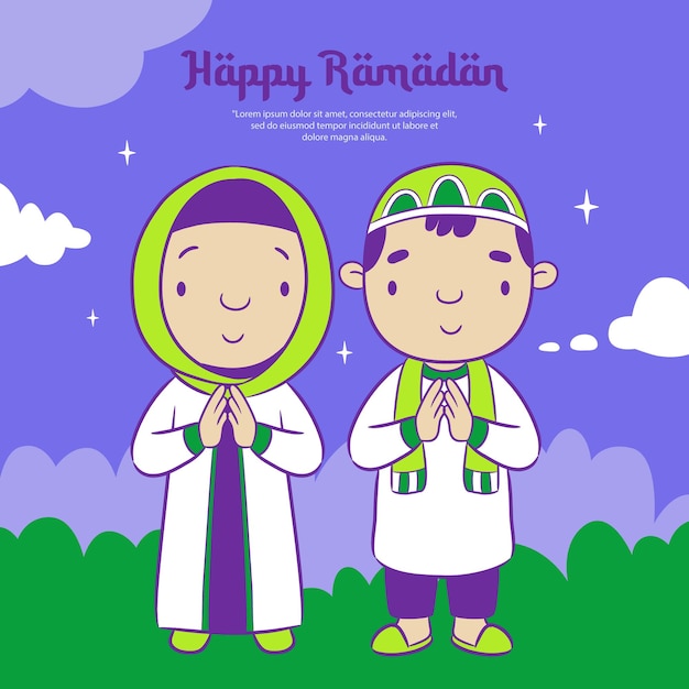 Happy Ramadan with the cute boy and girl muslim cartoon