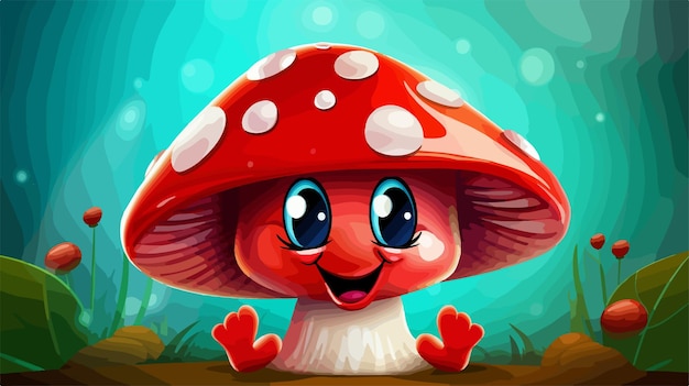 Happy Red Mushroom Smiling Joyfully Cute and Funny Vector Illustration