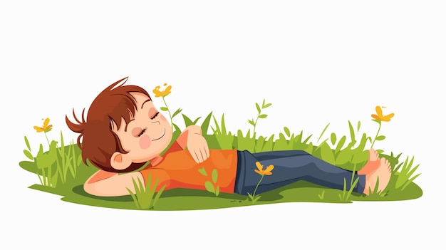 Happy Relaxing Kid on Green Grass Vector Illustration