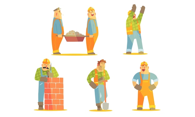 Vector happy repairman cartoon characters set construction workers in uniform and hardhats with professional equipment vector illustration