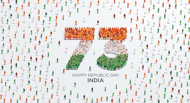 Happy Republic Day India Design. A large group of people form to create the number 73.