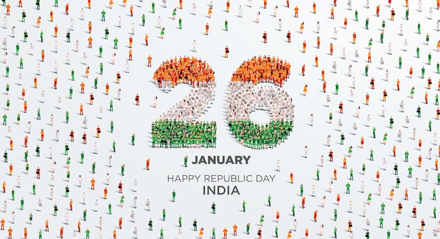 Happy Republic Day India. A large group of people form to create the number 26.