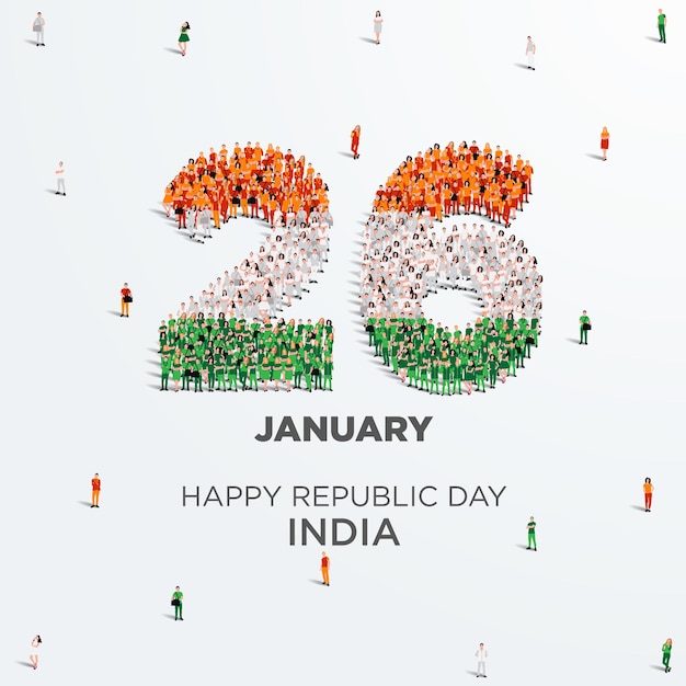 Happy Republic Day India. A large group of people form to create the number 26.