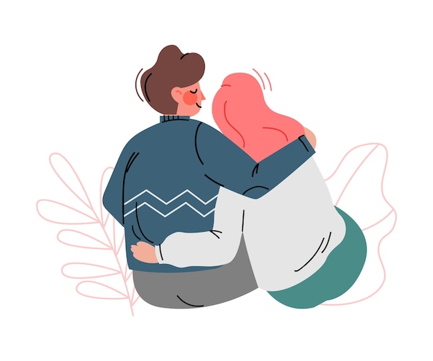 Vector happy romantic couple sitting and embracing each other back view vector illustration