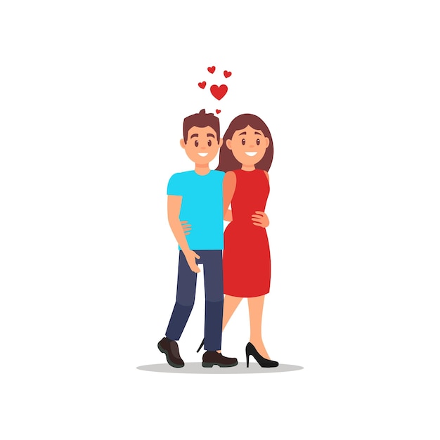 Happy romantic couple walking and hugging Young man and woman on the date Flat vector design