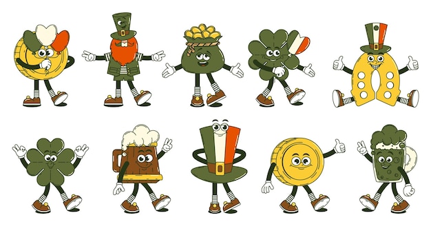 Happy Saint Patricks Day retro set characters Funky groovy cartoon Leprechaun coin clover and other