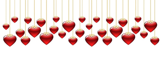 Happy Saint Valentines day card hanging red hearts with gold chains