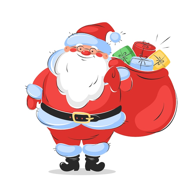 Happy Santa Claus cartoon character with a bag of gifts in his hands