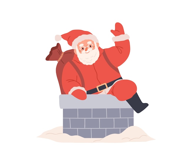 Happy Santa Claus climbing into chimney with bag of gifts at Christmas. Retro chubby Xmas character with sack on house roof on winter holidays. Flat vector illustration isolated on white background