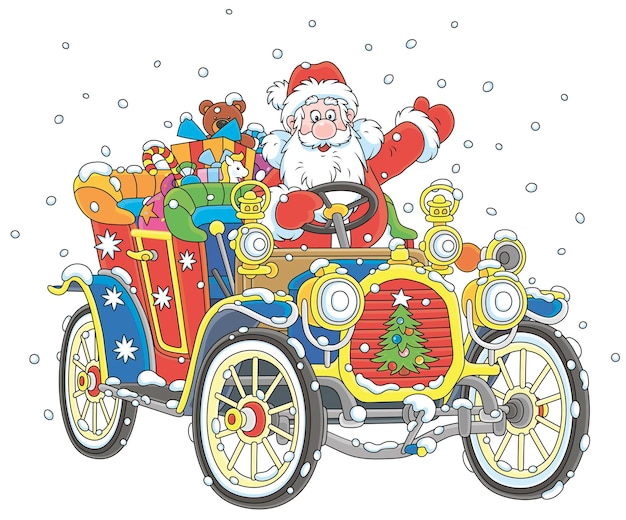 Happy Santa Claus driving his decorated old-fashioned car with Christmas gifts