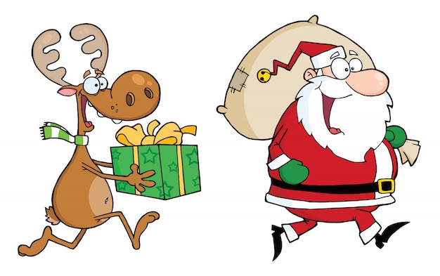 Happy Santa Claus And Reindeer Runs With Gifts